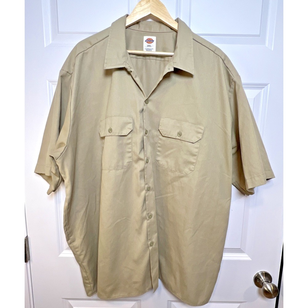 Dickies Short Sleeve Work Shirt 3XL‎ Khaki Button Front Two Pocket 65/35 EUC